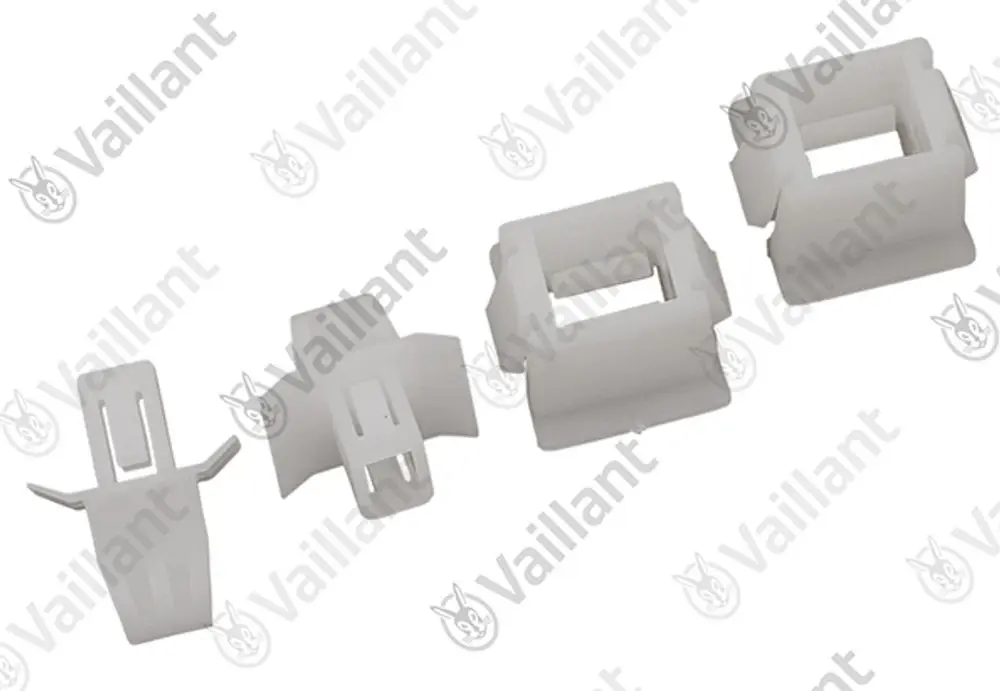 Vaillant Clips in unterschiedlicher Form, geeignet zur Befestigung oder Halterung, in einer weißen Ausführung auf hellem Hintergrund abgebildet.